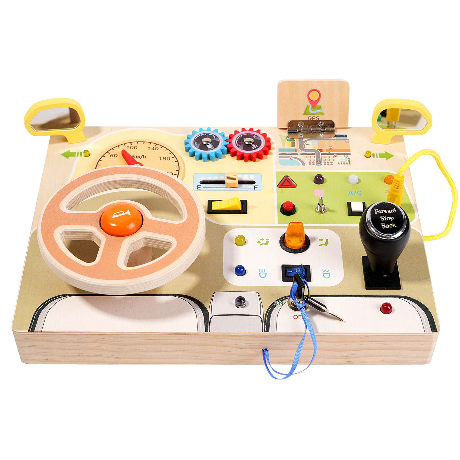 Wooden Driving Busy Board with LED Light Montessori Toys Educational Toy for Kids 3-6 Steering Wheel Control Panel
