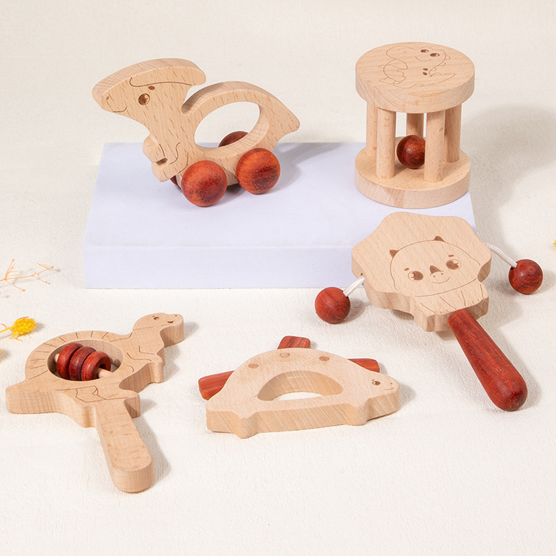 Wooden Baby Colorful Hand Rattle Five-Piece Set Crib Bell Music Early Education Grasping Soothing Instrument Toy