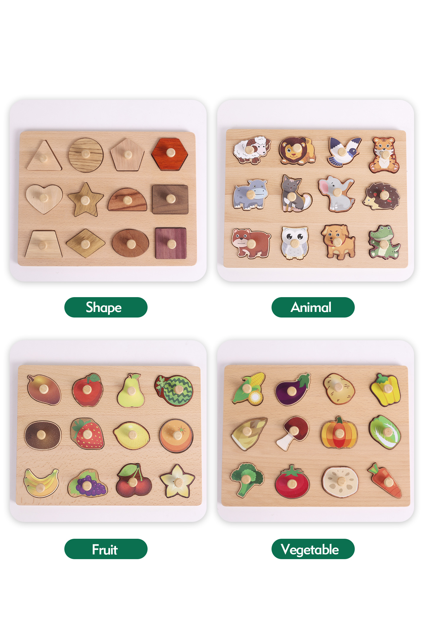 Wooden Montessori Educational Toys for Toddlers 1-3 Years Sensory Solid Wood Animal Veggie Fruit Peg Puzzle Board