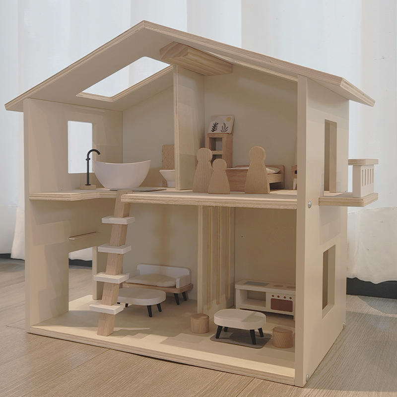 DIY Nordic Style Wooden Pretend Play Role House With Furniture Wooden Doll Play House for Kids