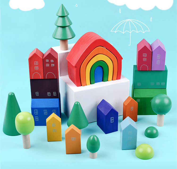 EMA Montessori Kids Stacker Nesting Puzzle Wooden Rainbow Shape Matching Building Blocks