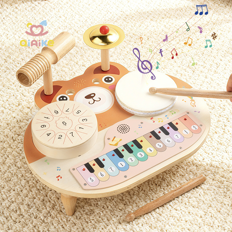 Qiaike Montessori Multifunctional 5 In 1 Music Station Baby Drum Kit Wooden Musical Instruments Toys With Drums Cymbals Piano