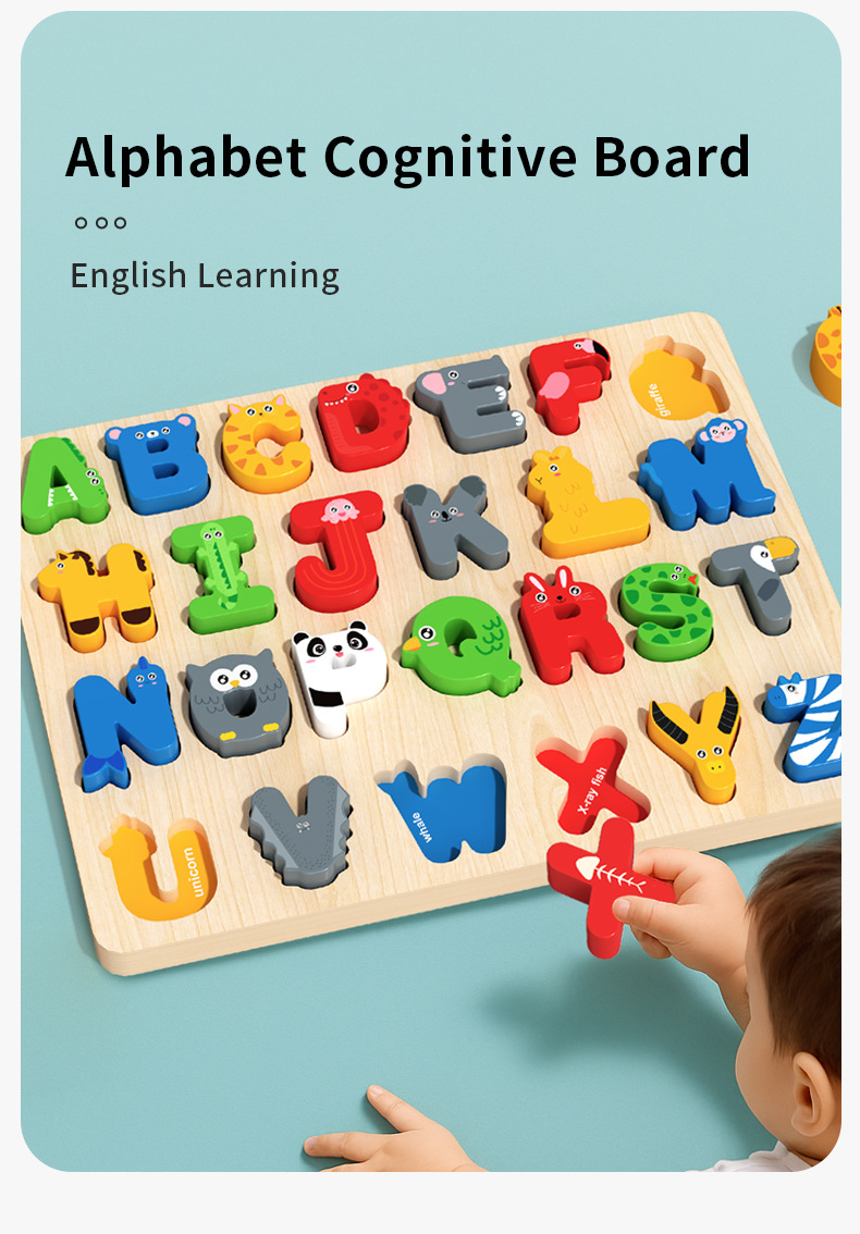 Children Wooden Puzzle Board Cartoon Number Alphabet Cognitive Color Shape Learning Puzzle Toy