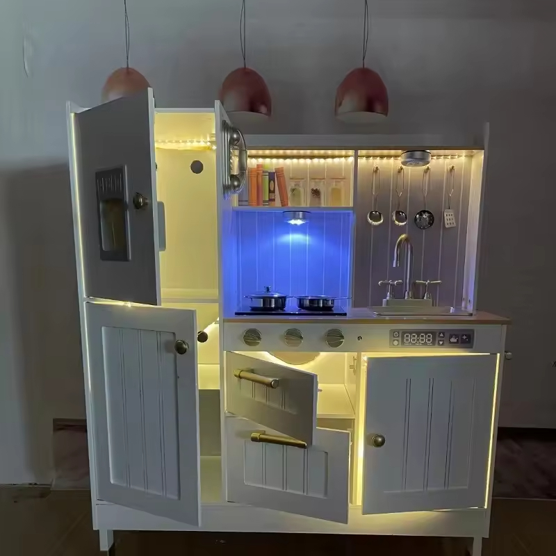 Children Wooden Role Play Simulation House White Sound-Light Kitchen Set Educational Pretend Kitchen Play Set Toys for Kids