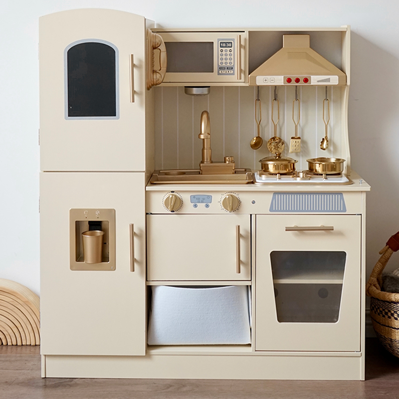 Educational Wooden Simulation Pretend Cooking Set with Realistic Light &amp; Sound Microwave Play Kitchen Set Toy for Child Boy Girl