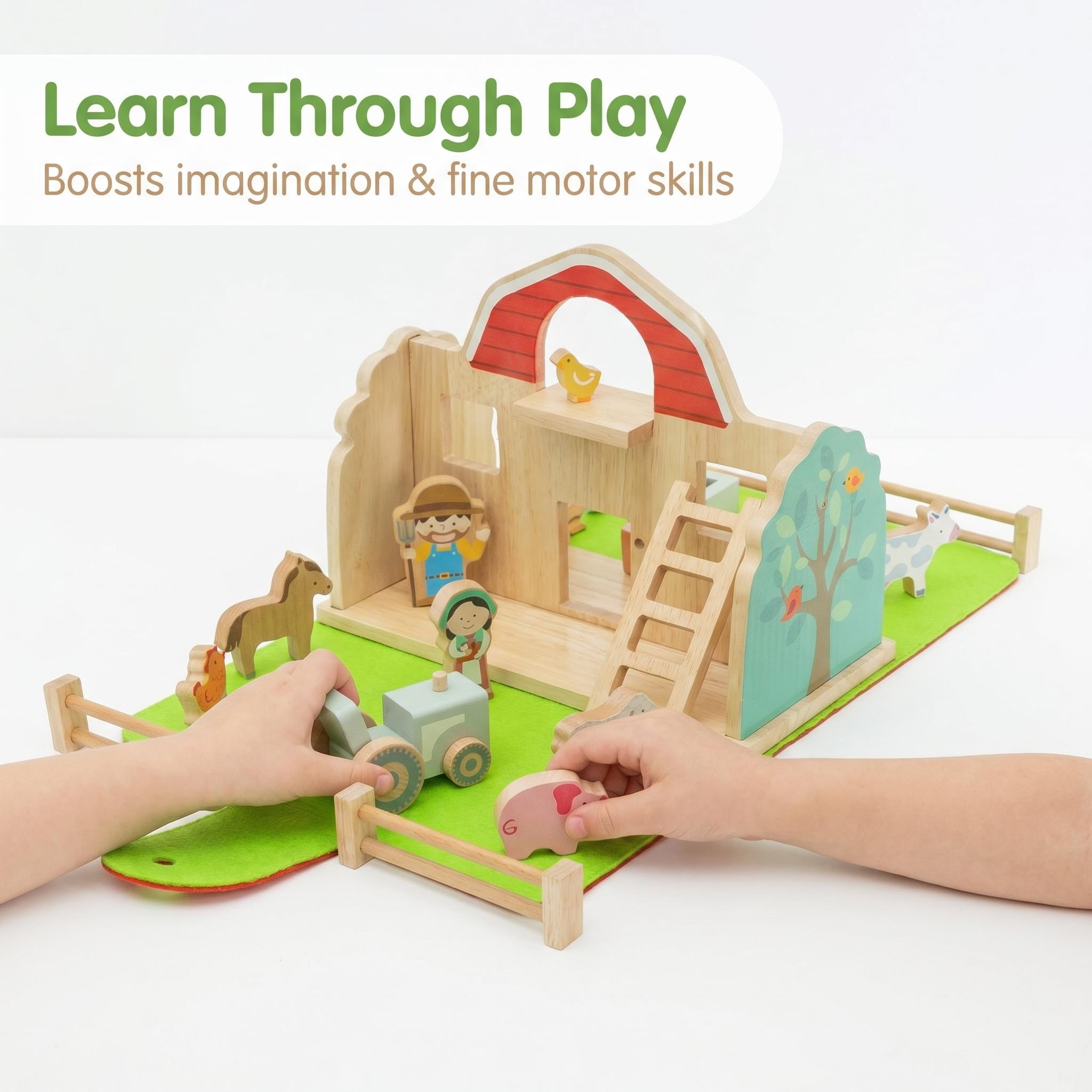Wooden Carry Along Farm Toy Set for Toddlers Portable Foldable with Barn Farm Animals Figures Pretend Play Playsets