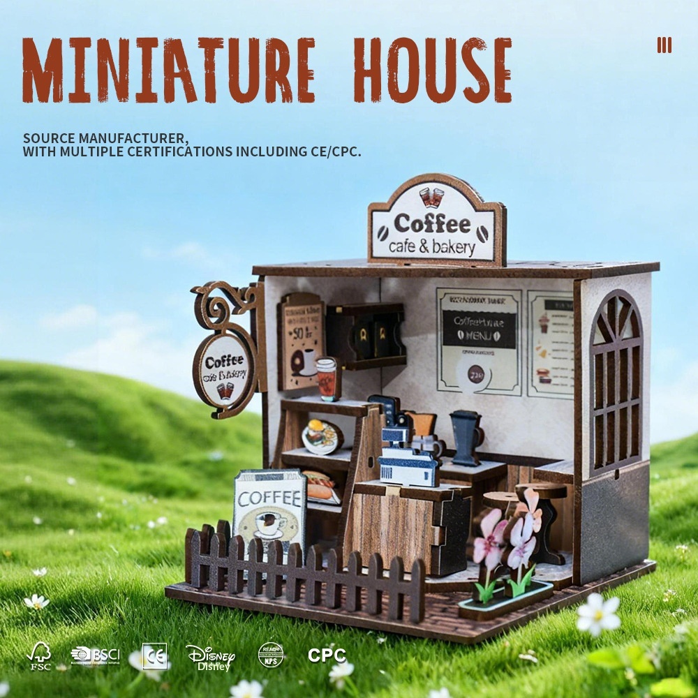 Cross-border New Diy Cabin Coffee House 3D Wooden Assembled Doll House Original Handmade Miniature House 12x12x4cm for Ages 14+