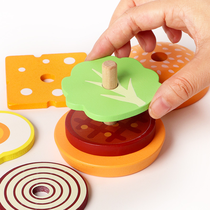 Cross-Border Wooden Children's Burger Fries Sandwich Set Column Matching Food Cutting Kitchen Toys 4-6 Years Old