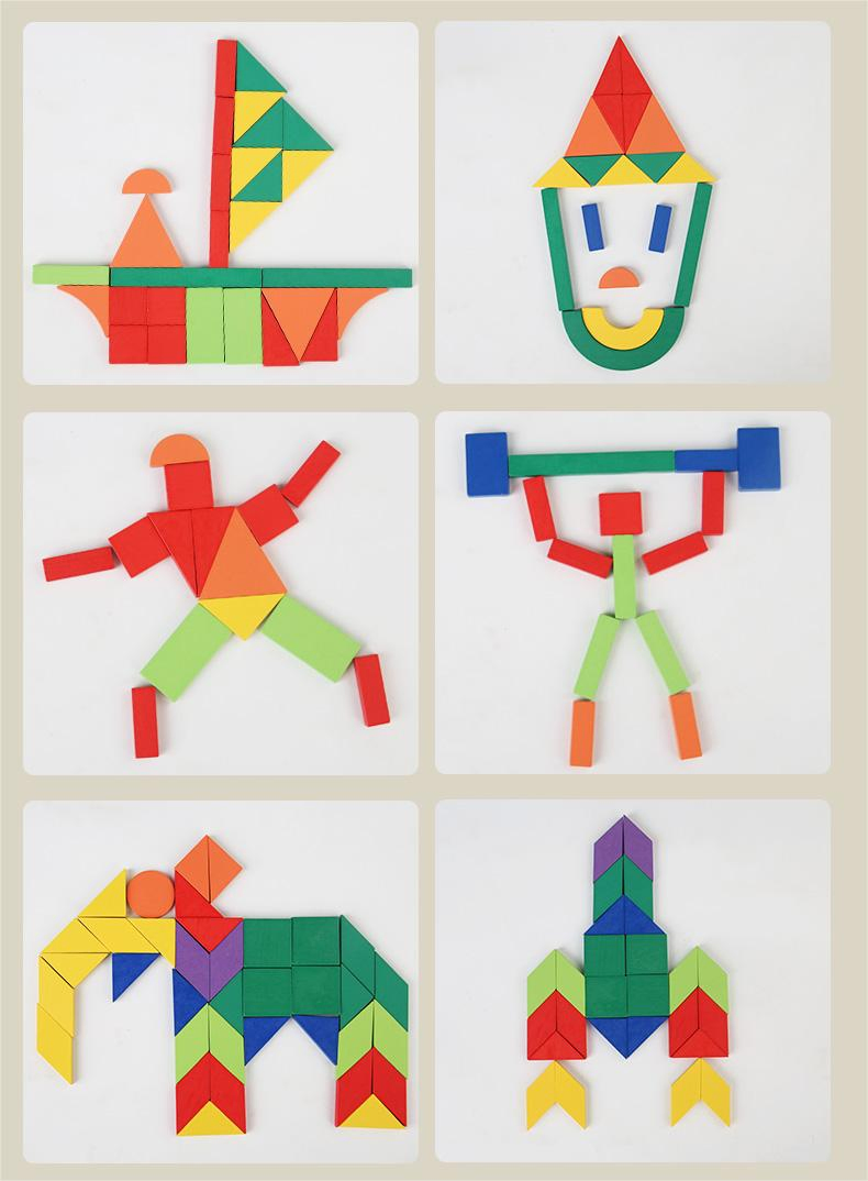 Fun Geometric Shape Puzzle Set Wooden Building Toy Bricks Blocks