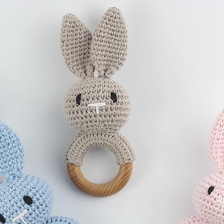 Newborn Baby Wooden Crochet Rattle Bunny Toy Teething Ring Gift Decor Wall Signs Wood Craft Box for Home Decor