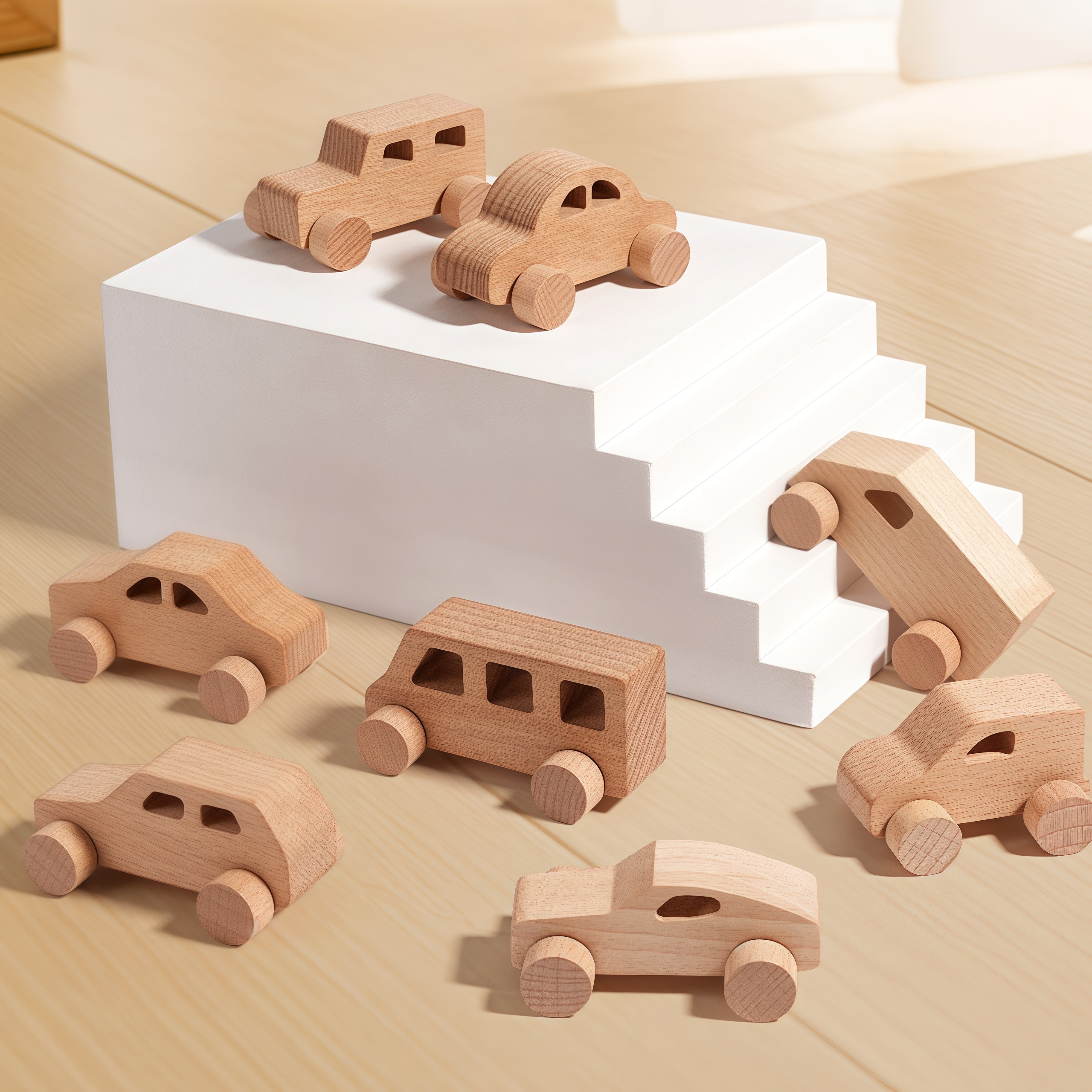 New Born Eco-friendly Safe Montessori Handmade Educational Wooden Toy Cars Set,Baby Boy Girl Wood Push Car for Nursery Decor