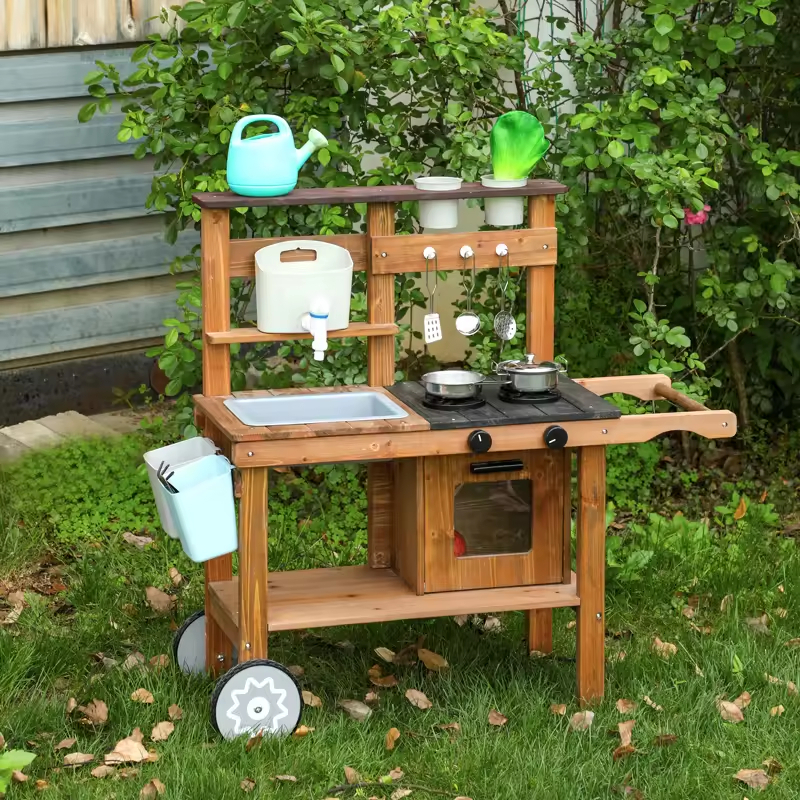 Childlike Fun Wooden Kitchen &amp; Food Pretend Play Set for Indoor &amp; Outdoor Activities for Kids Boys &amp; Girls