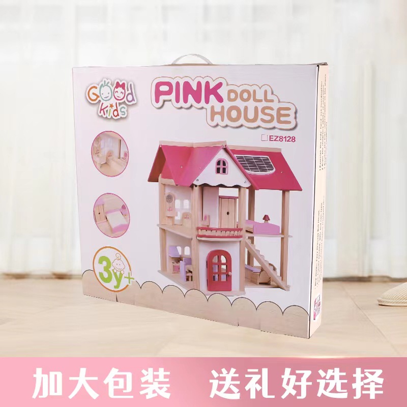 Wooden Dollhouse, Pink Princess Castle Pretend Play House, Toddler Handmade Toy for Girls Age 3+