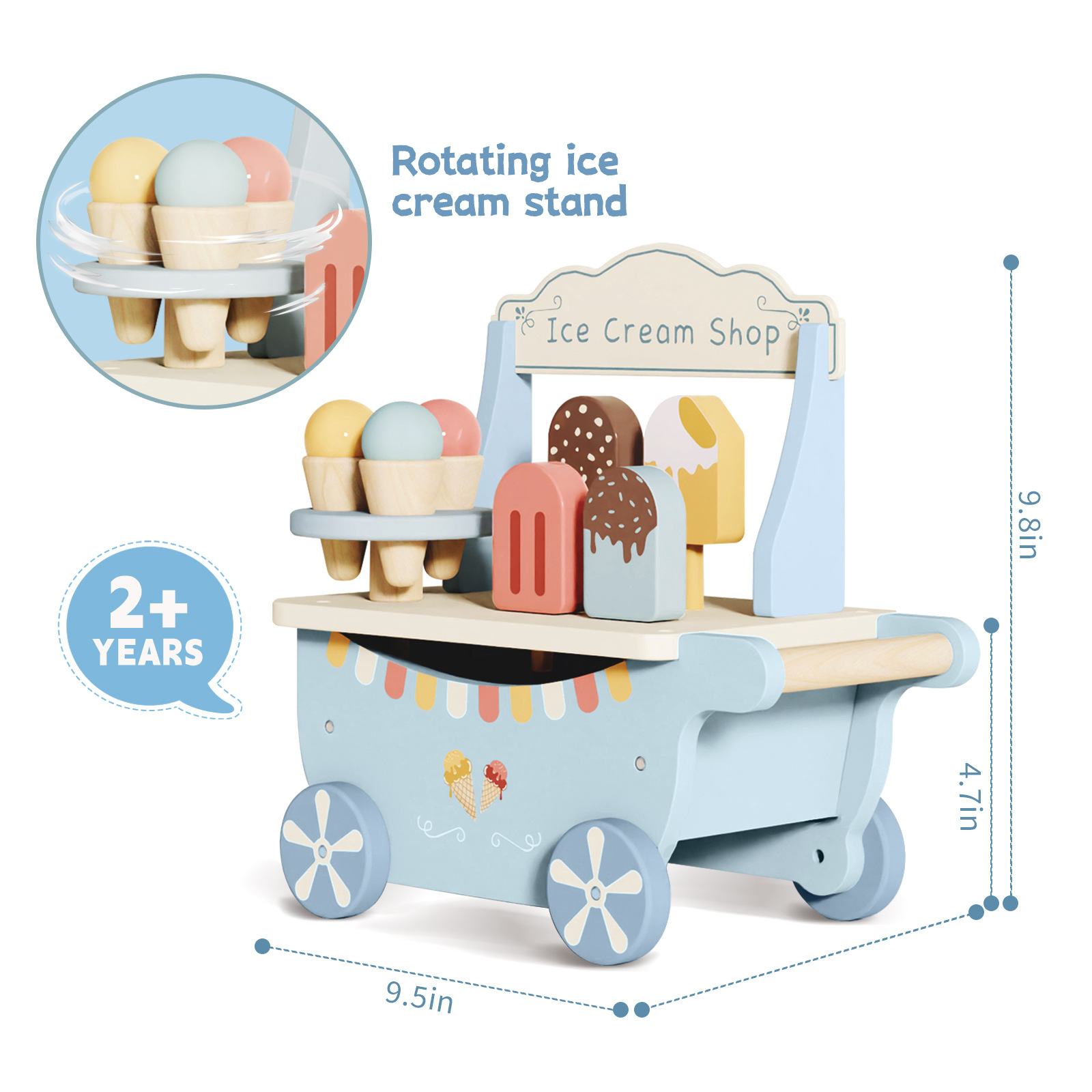 Children Wooden Ice Cream Shop Play to Learn Trolley Role Play Pretend Toy Kids Early Education Wooden Kitchen Toy