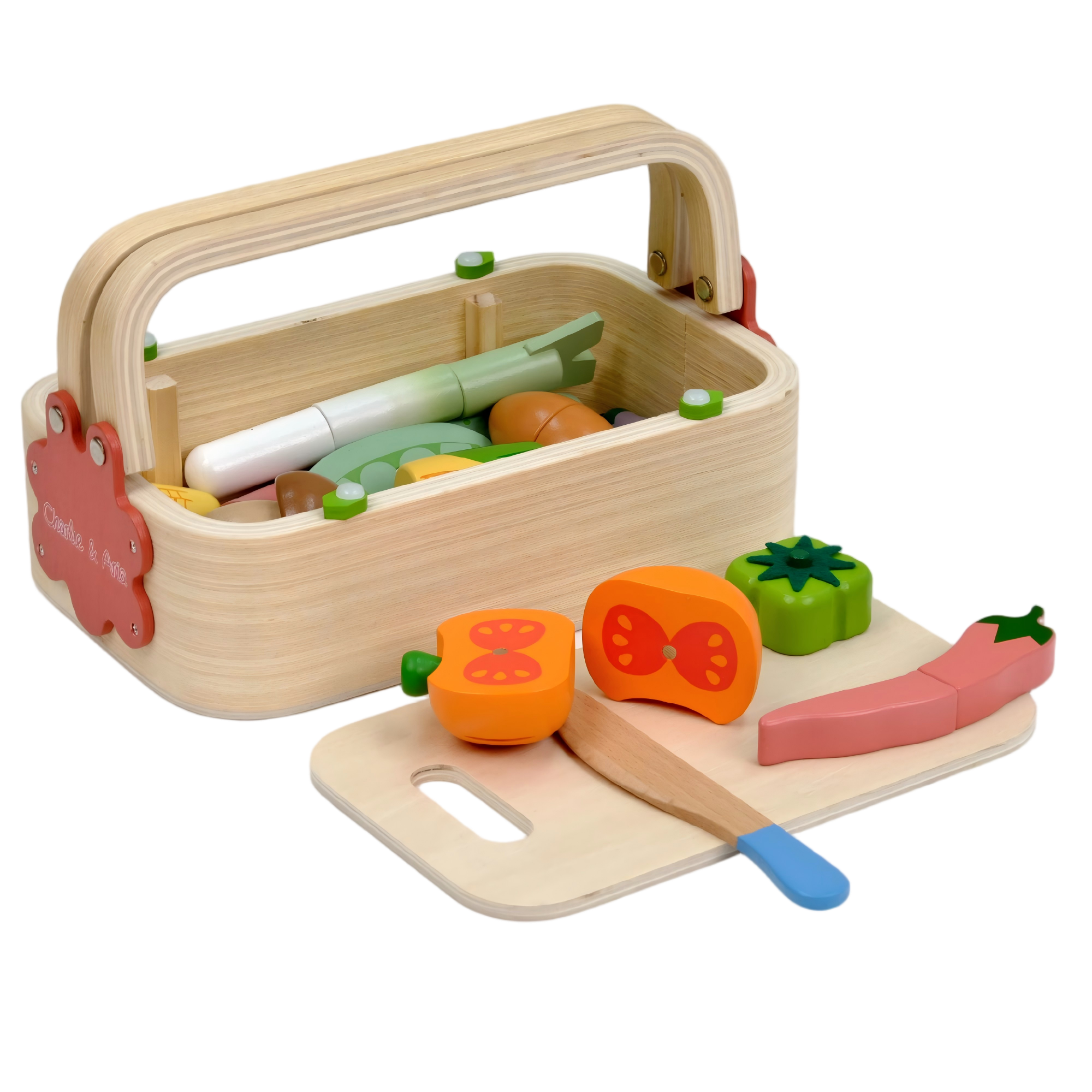 Wooden Play Food for Kids Kitchen Pretend Cutting Food Toys With Wooden Tray Dishes Knife for Kids Pretend Play Food