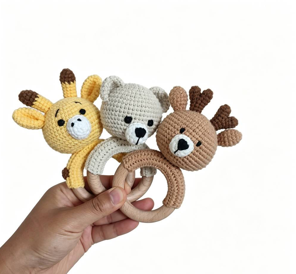 Handmade Crochet Koala Bear Baby Rattle With Wooden Teething Ring Lightweight Ergonomic Handle Chewable Soft Toy For Newborns