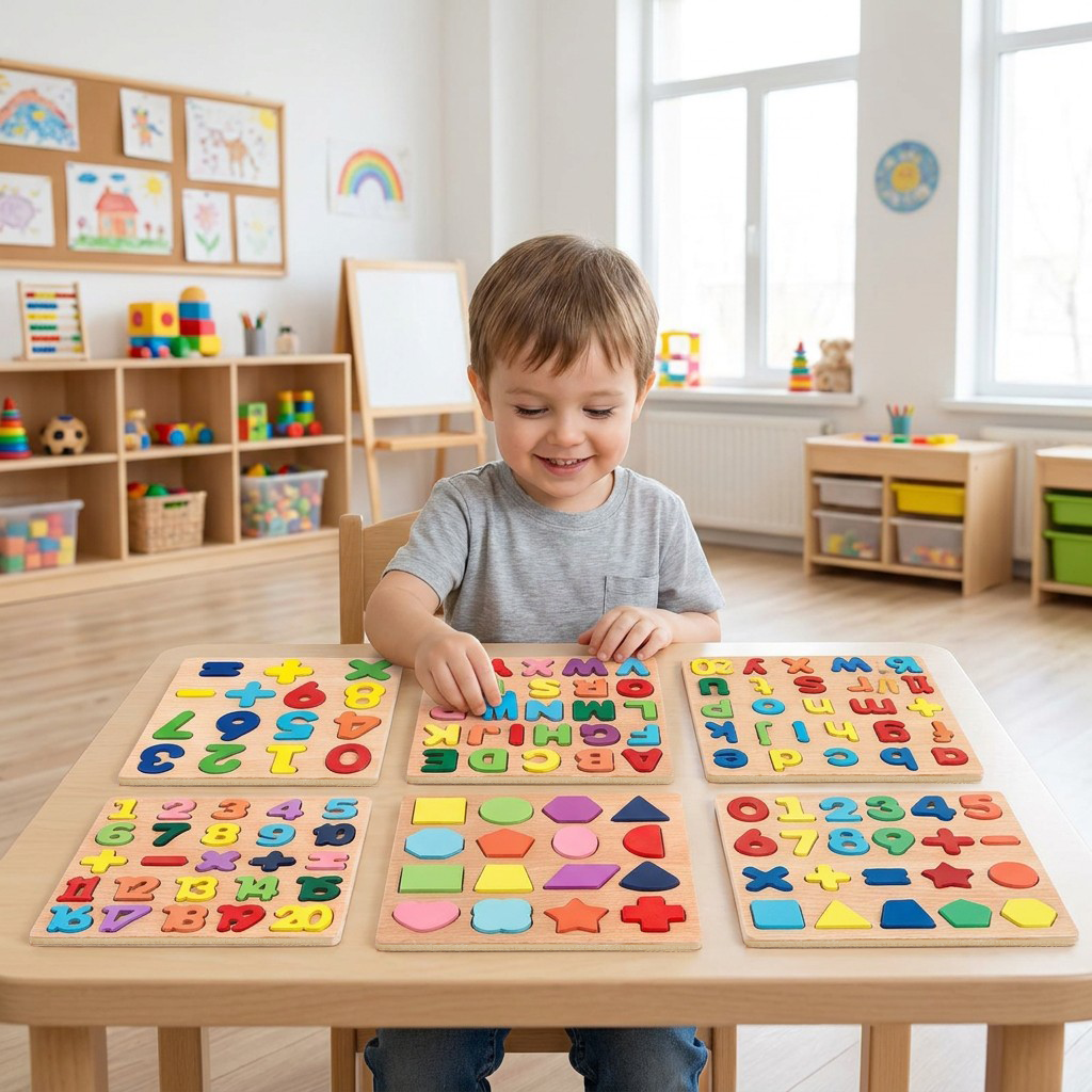 Wholesale Wooden Letter Number Shape Board Montessori Learning Alphabets 3D Puzzle Game DIY Educational Toy for Kids Boys Girls