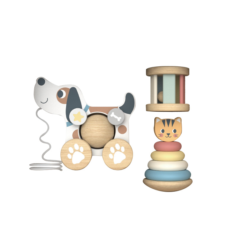 3 in 1 Gift Box Cat Shape Stacking Toy Wooden Rainbow Tower Dog Baby Pull Along Toys Cylinder Rolling Drum Bell