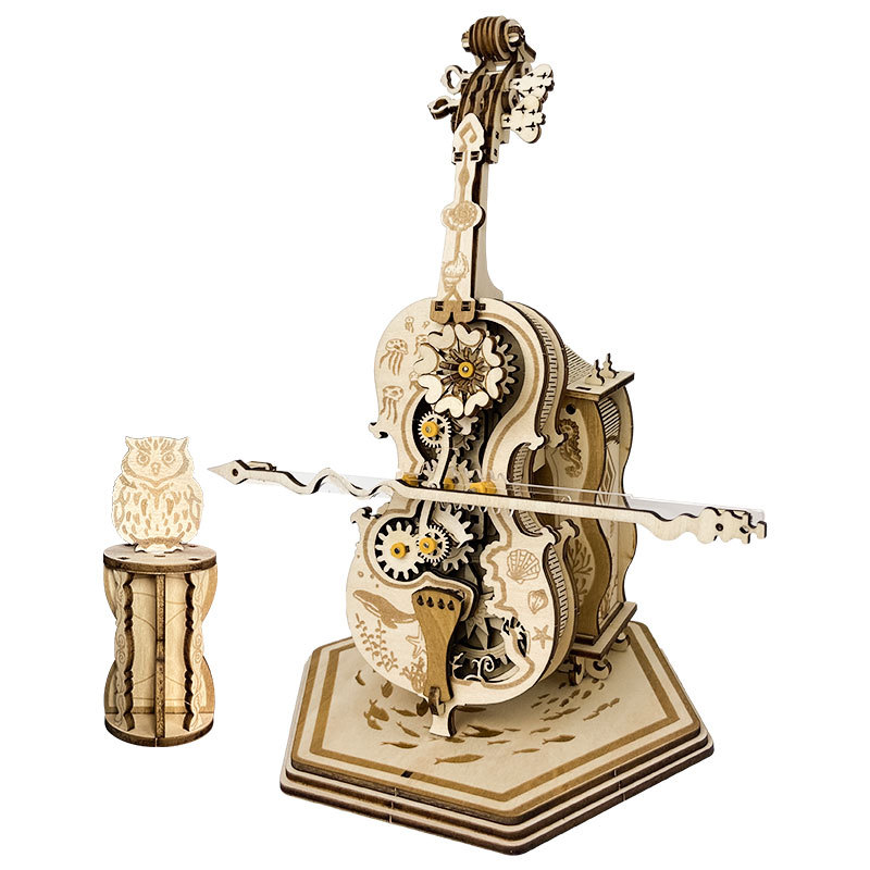 Fashion Design Punk Cello Wooden Puzzle Model Kits DIY Assemble Toys 3D Vintage Music Box Cartoon Musical Instrument Style