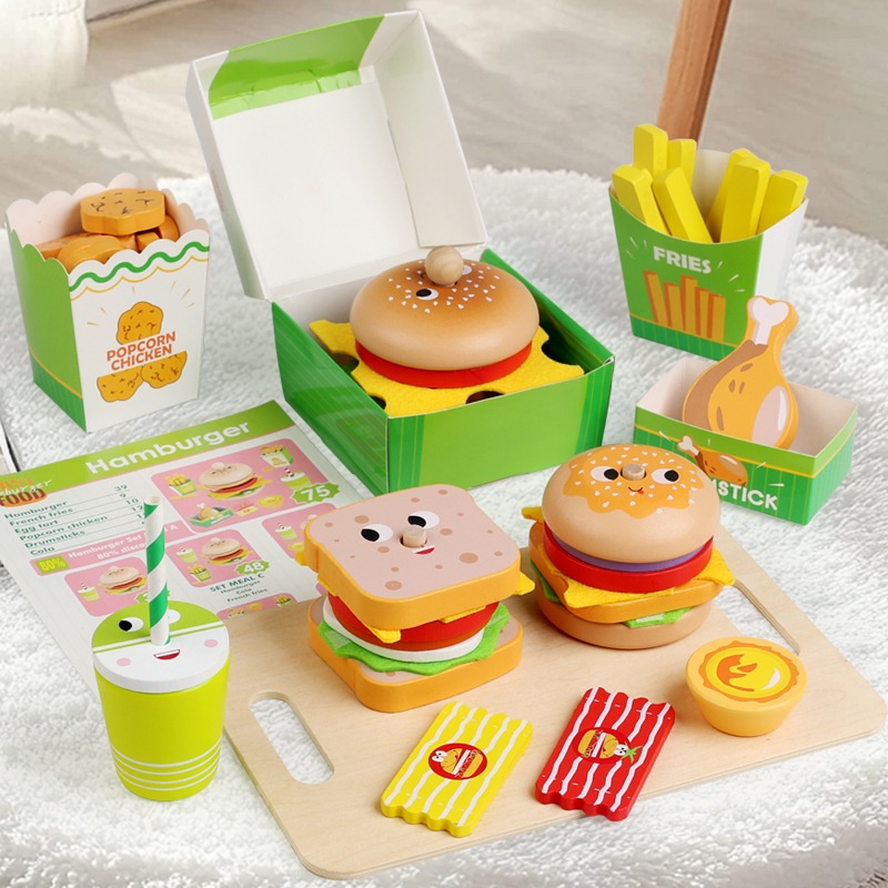 YD TOYS Eco-friendly Non-toxic Wooden Burger Sandwich Set for Children's Early Education Puzzle Food Cutting Kitchen Toy Ages