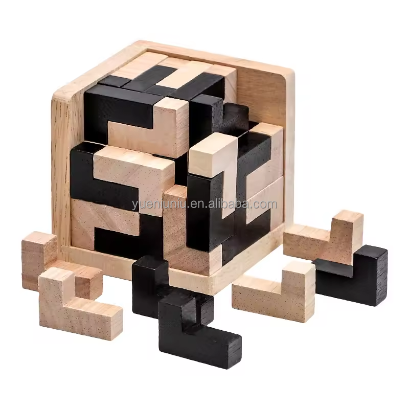 3D Wooden Brain Teaser Cube Wood Puzzles T-Shaped Jigsaw Logic Puzzle Game Educational Toy for Kids and Adults