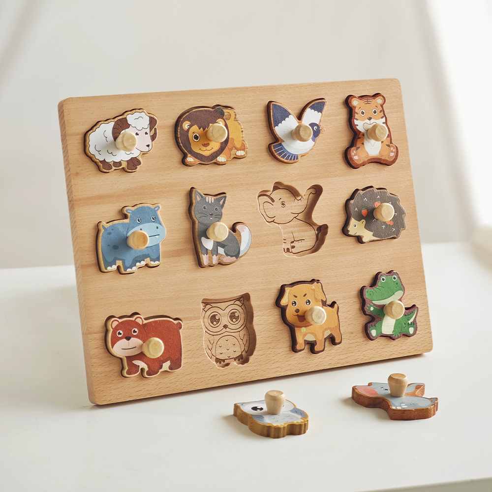 Wooden Montessori Educational Toys for Toddlers 1-3 Years Sensory Solid Wood Animal Veggie Fruit Peg Puzzle Board