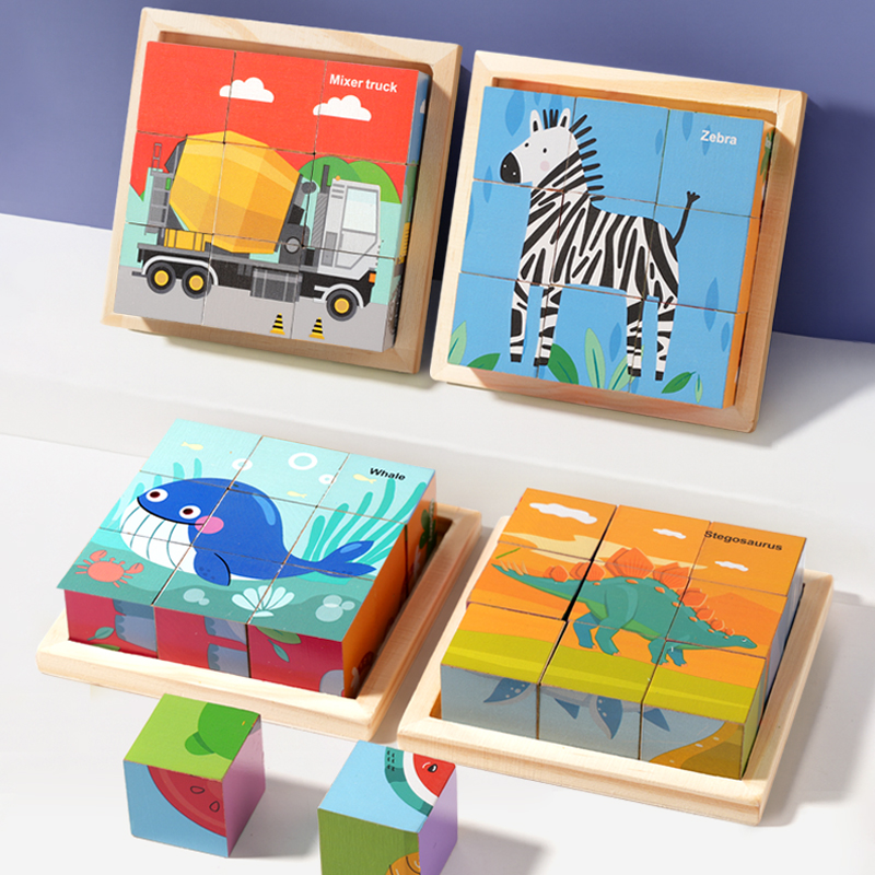 Children Wooden 6 Sides Animal 9 Cube Puzzle with Storage Tray Kids Educational Learning Montessori Toys for Toddlers
