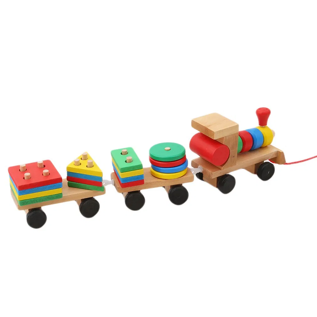 Wooden Small Train Toy Car Three Section Shape Drag Car Toy Children′ S Educational Toys Fun Early Education Building Blocks
