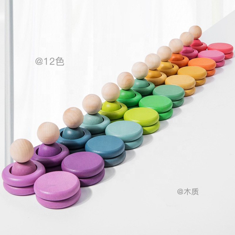 Hot Selling Rainbow Building Wooden Toys Puzzle Block Painted Wood Dolls Set for Kids Color Sorting Game Education