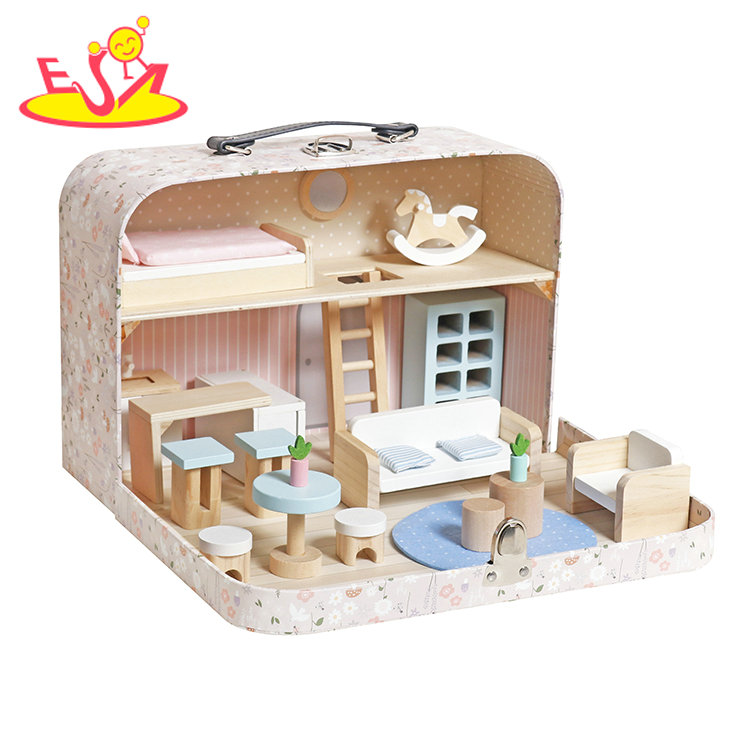 Floral Portable Suitcase Dollhouse Set with Mini Furniture and 2-Tier Living Space - All-in-One Travel Pretend Play Toy W06A651