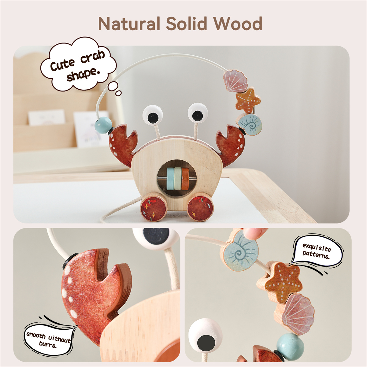 Crab Montessori Wooden Crab Pull Along Toy for Toddlers, Baby Bead Maze &amp; Rattle Educational Walking Toy Wooden Educational Toys