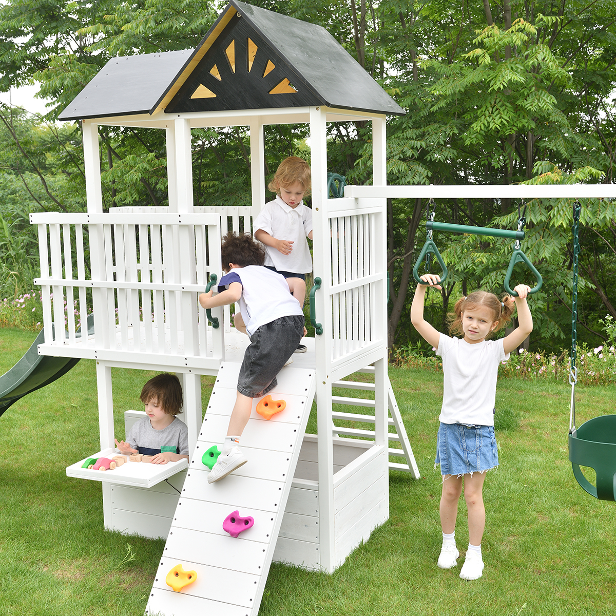 Medium Size Outdoor Wooden Play Set with Swing and Slide for Kids' Backyard Play Ground