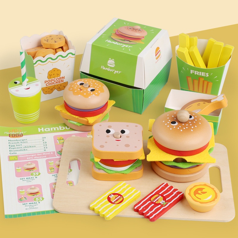 YD TOYS Eco-friendly Non-toxic Wooden Burger Sandwich Set for Children's Early Education Puzzle Food Cutting Kitchen Toy Ages