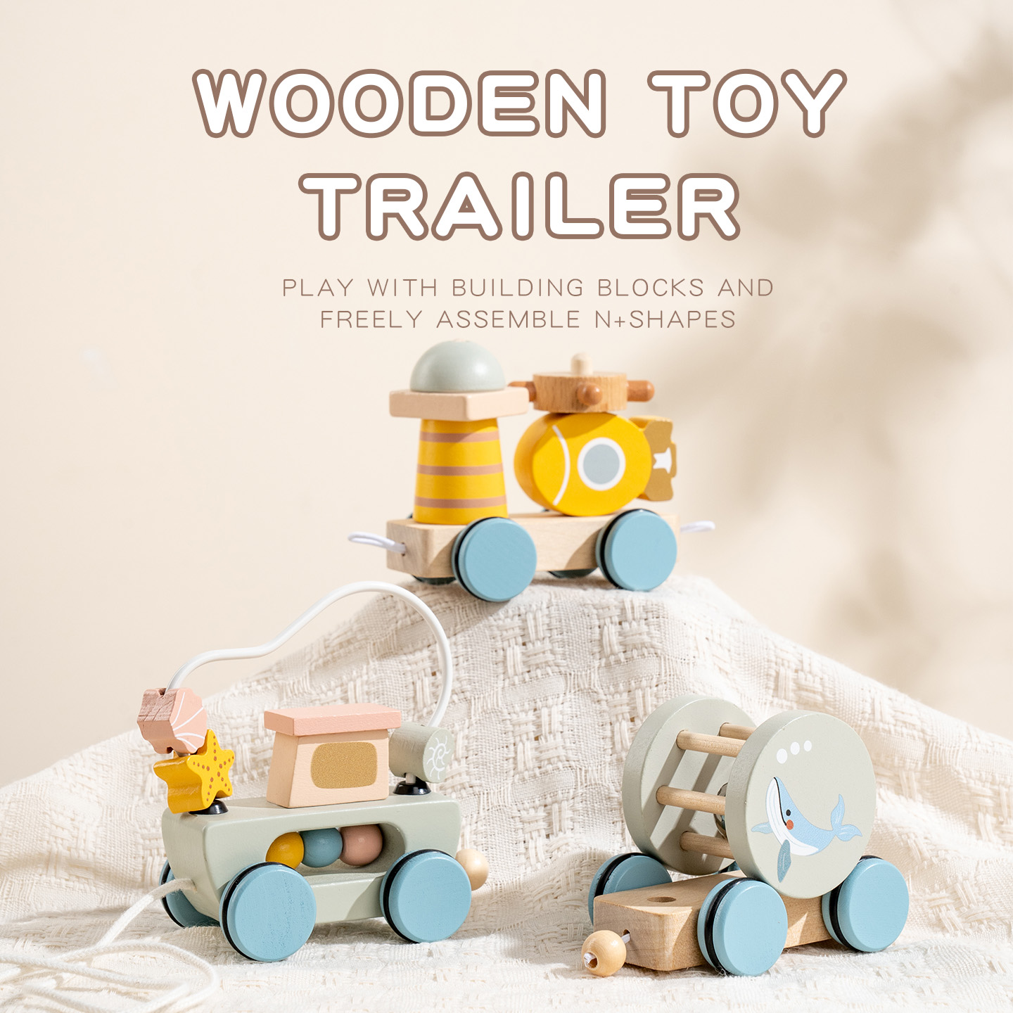 Montessori Wooden Animal Pull-along Train Toy Featuring Interesting Animals and Beads for Parent-child Interaction Play.