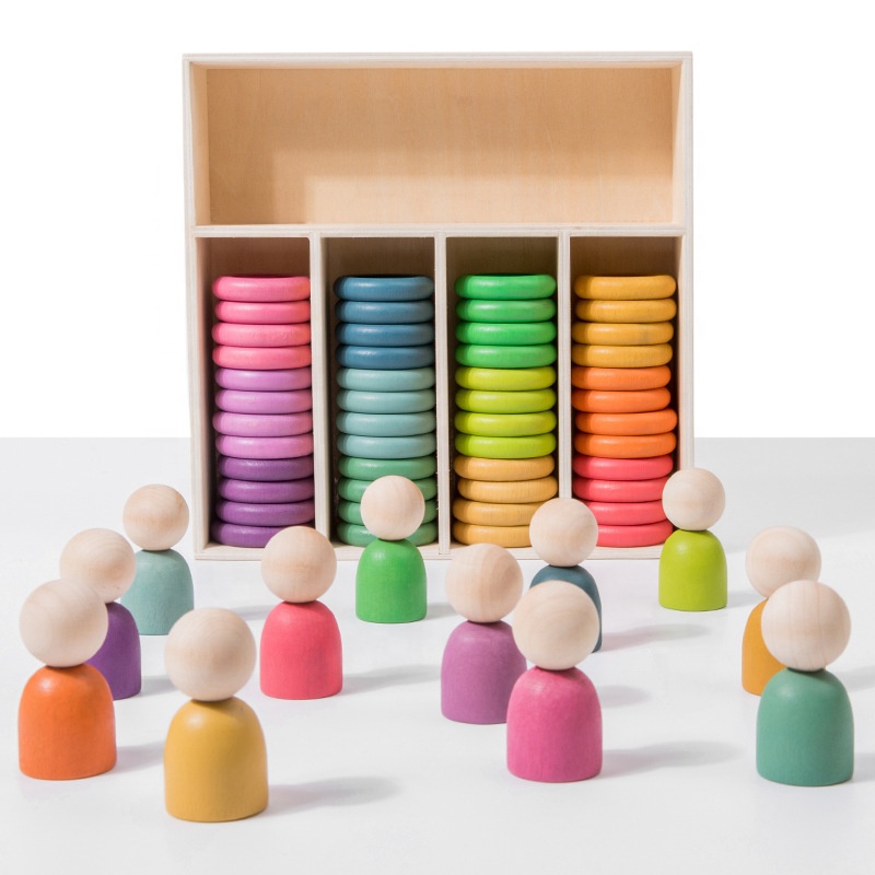 Hot Selling Rainbow Building Wooden Toys Puzzle Block Painted Wood Dolls Set for Kids Color Sorting Game Education