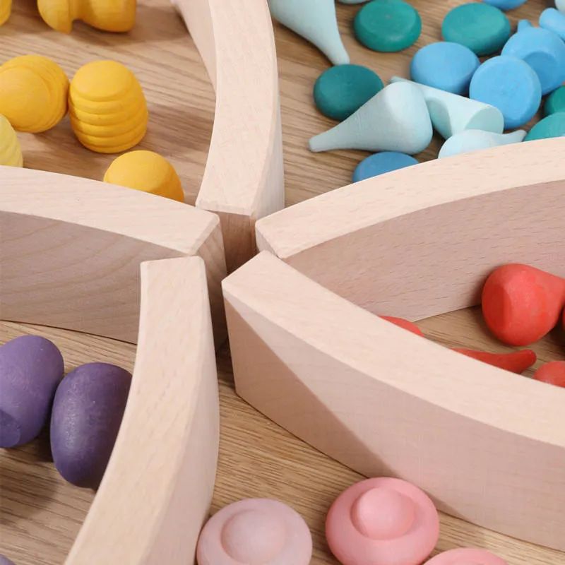 12PCS Solid Beech Wood Rainbow Color Bending Plate Building Blocks