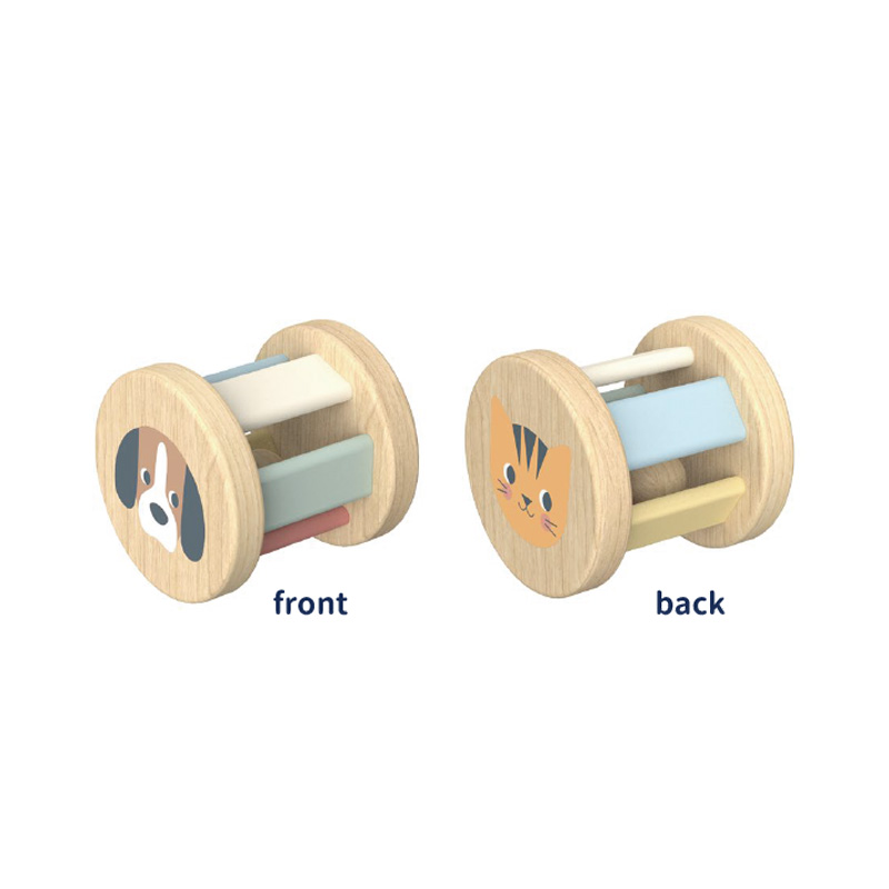 3 in 1 Gift Box Cat Shape Stacking Toy Wooden Rainbow Tower Dog Baby Pull Along Toys Cylinder Rolling Drum Bell