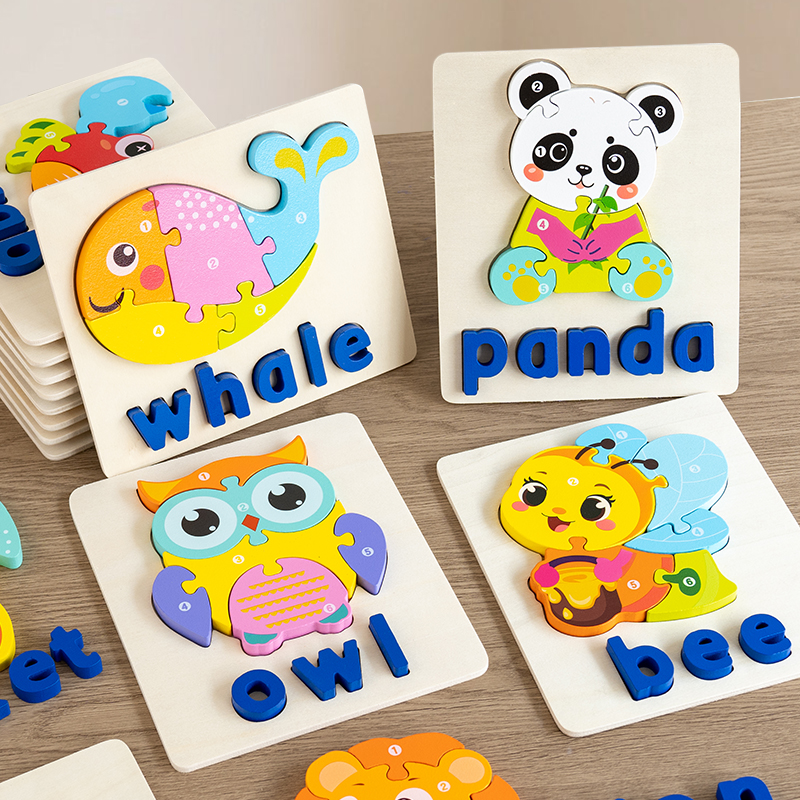 Montessori Classic Wood 3D Alphabets &amp; Animal Jigsaw Puzzles Educational DIY Toys Under 50 Pieces for 2-4 Years Family Learning