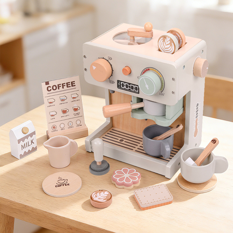 CE EN71 CPC Wooden Montessori Mini Pretend Play Coffee Machine Maker Play Set Box Kitchen/Food Toys for Kids