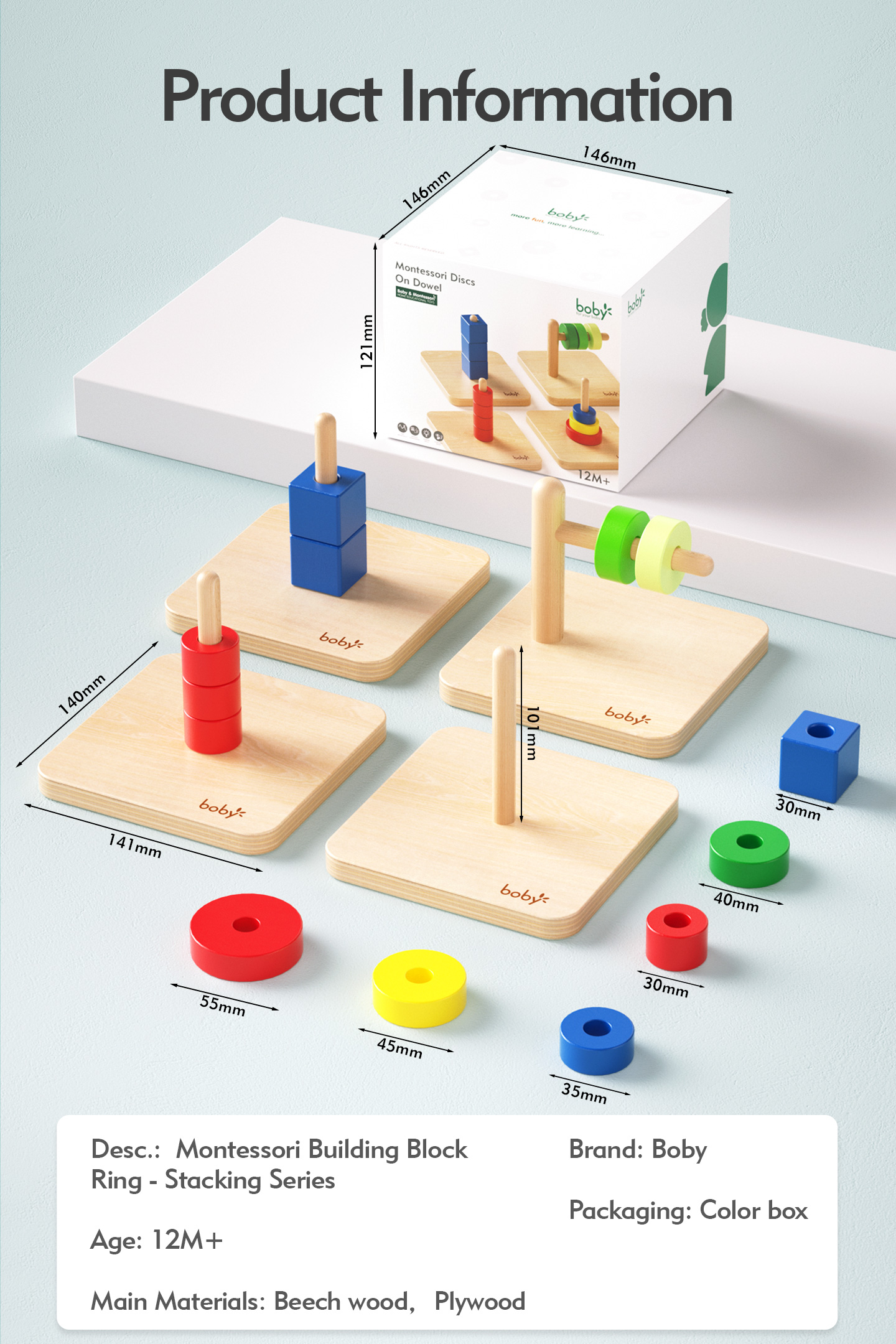 Montessori Wooden Educational Toys for Toddlers 1-3 Years Horizontal Disc Stacking Ring Toy