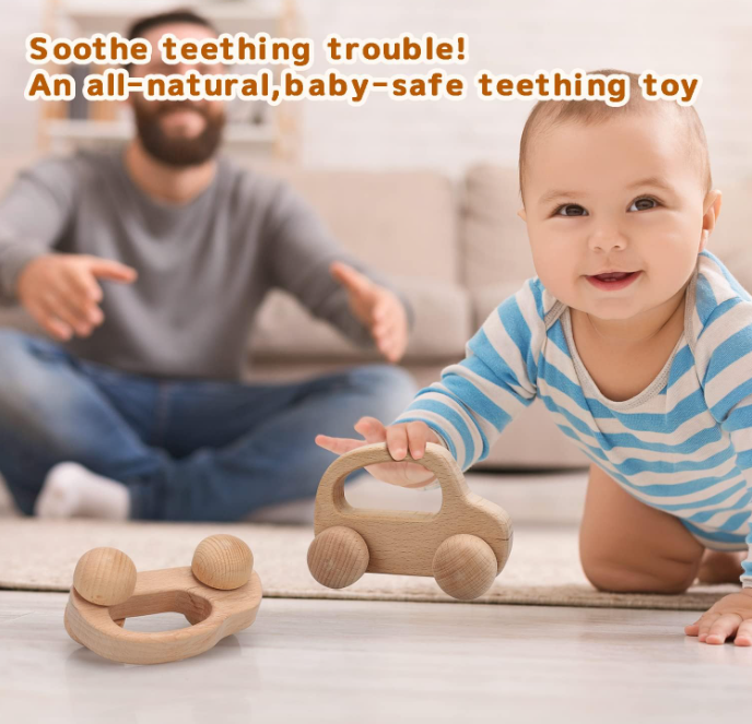 Natural Beech Wood Eco-friendly Baby Car Teething Toy Smooth Unfinished Wooden Hand Push Car for Toddler Grasp Training