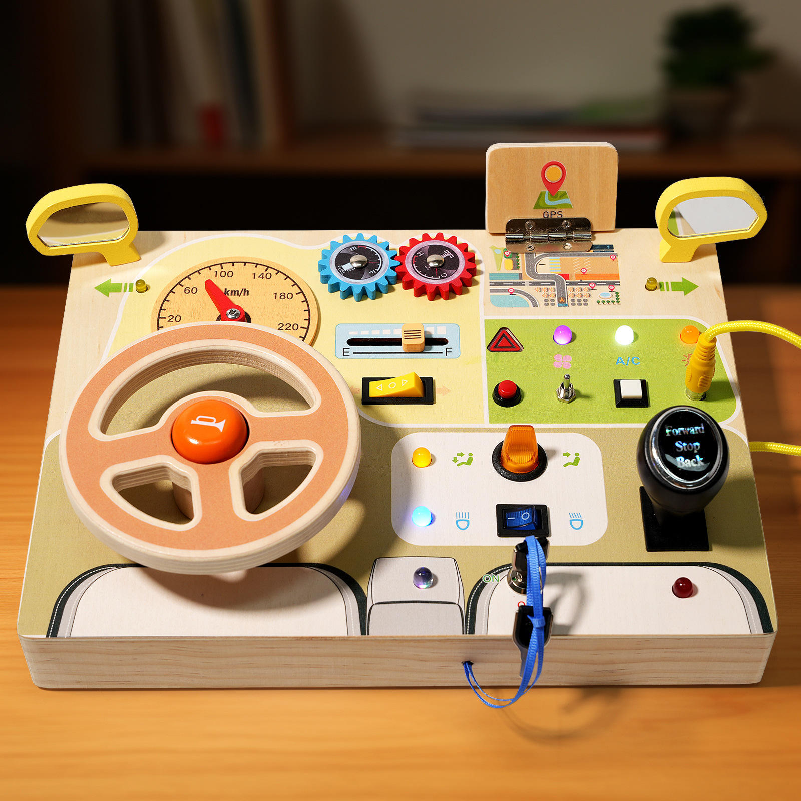 Wooden Driving Busy Board with LED Light Montessori Toys Educational Toy for Kids 3-6 Steering Wheel Control Panel