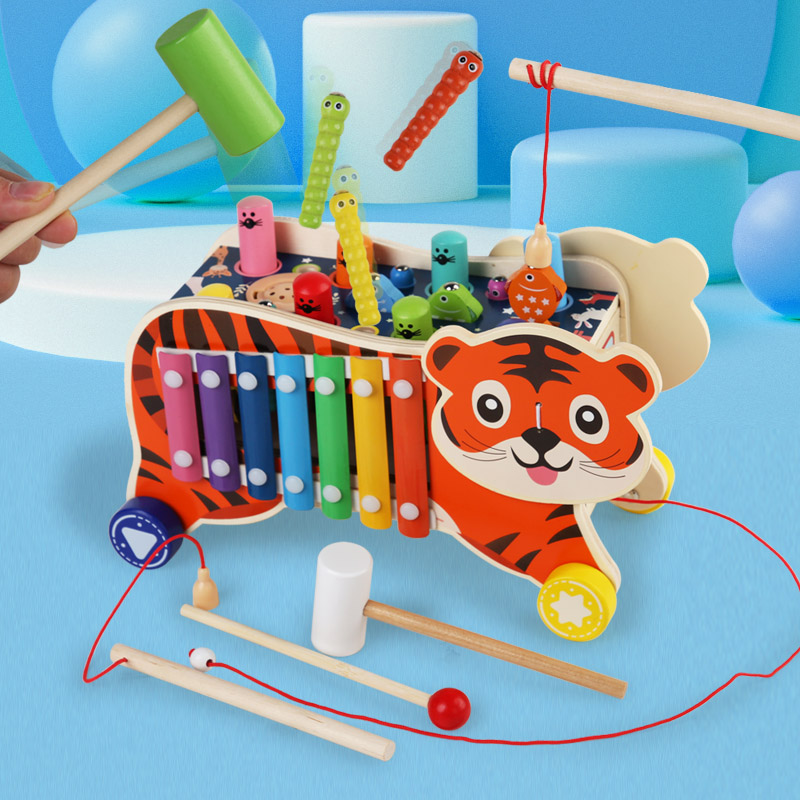 Montessori Educational Activity Toy 7 in 1 Wooden Pull Along Car Fishing Catching Music Hammer Pounding Toys for Kids Boys Girls