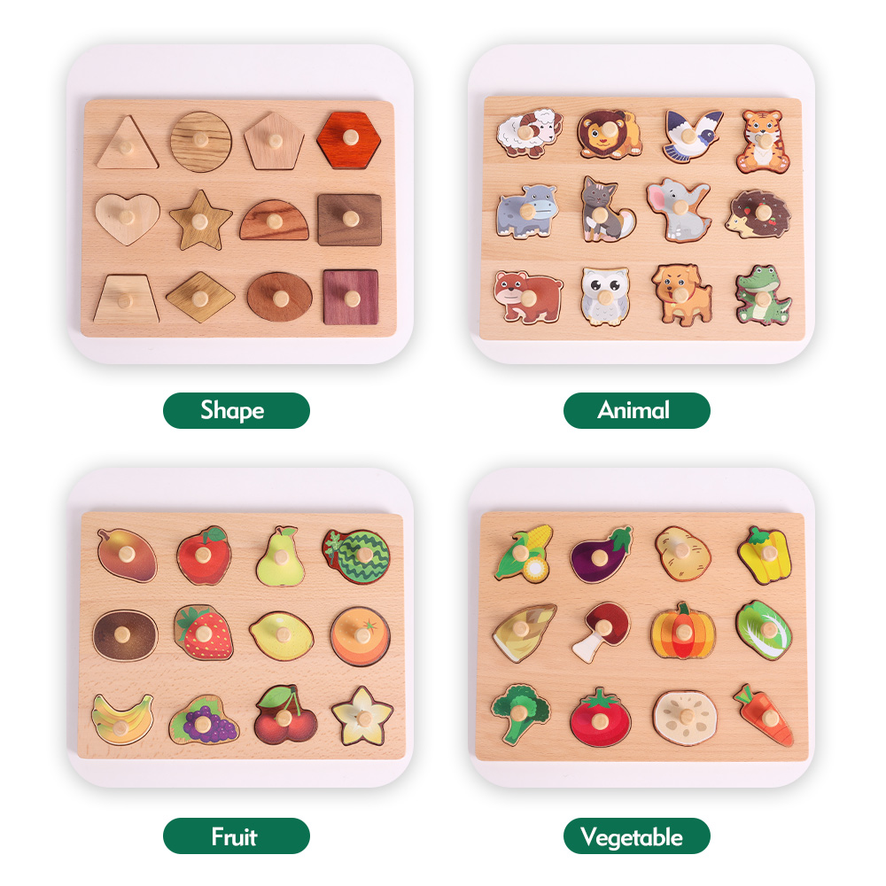 Wooden Montessori Educational Toys for Toddlers 1-3 Years Sensory Solid Wood Animal Veggie Fruit Peg Puzzle Board