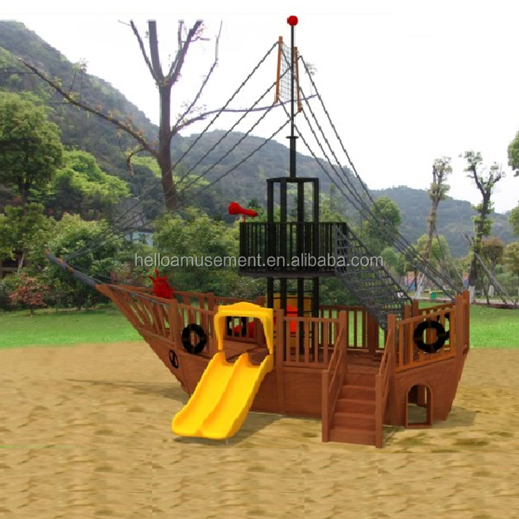 OEM Available Outdoor Park Big Slide Wooden Play Set Pirate Ship Playground