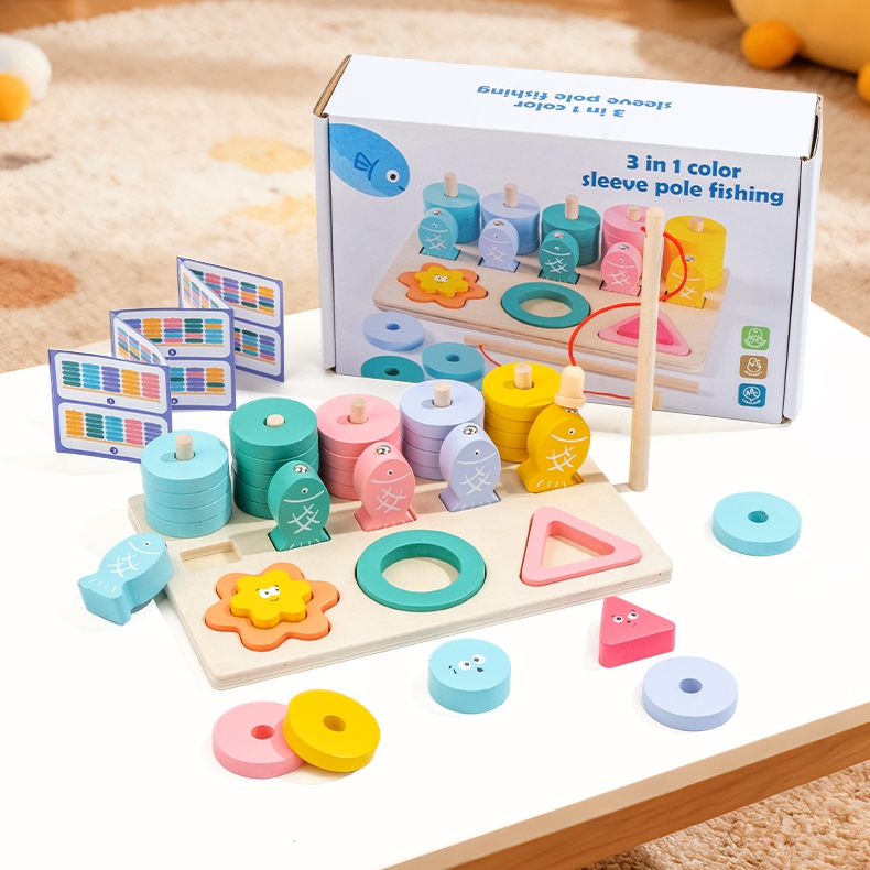 3 In 1 Wooden Stacker Colorful Shapes Sorter Blocks Fishing Game Wooden Table Toy For Children