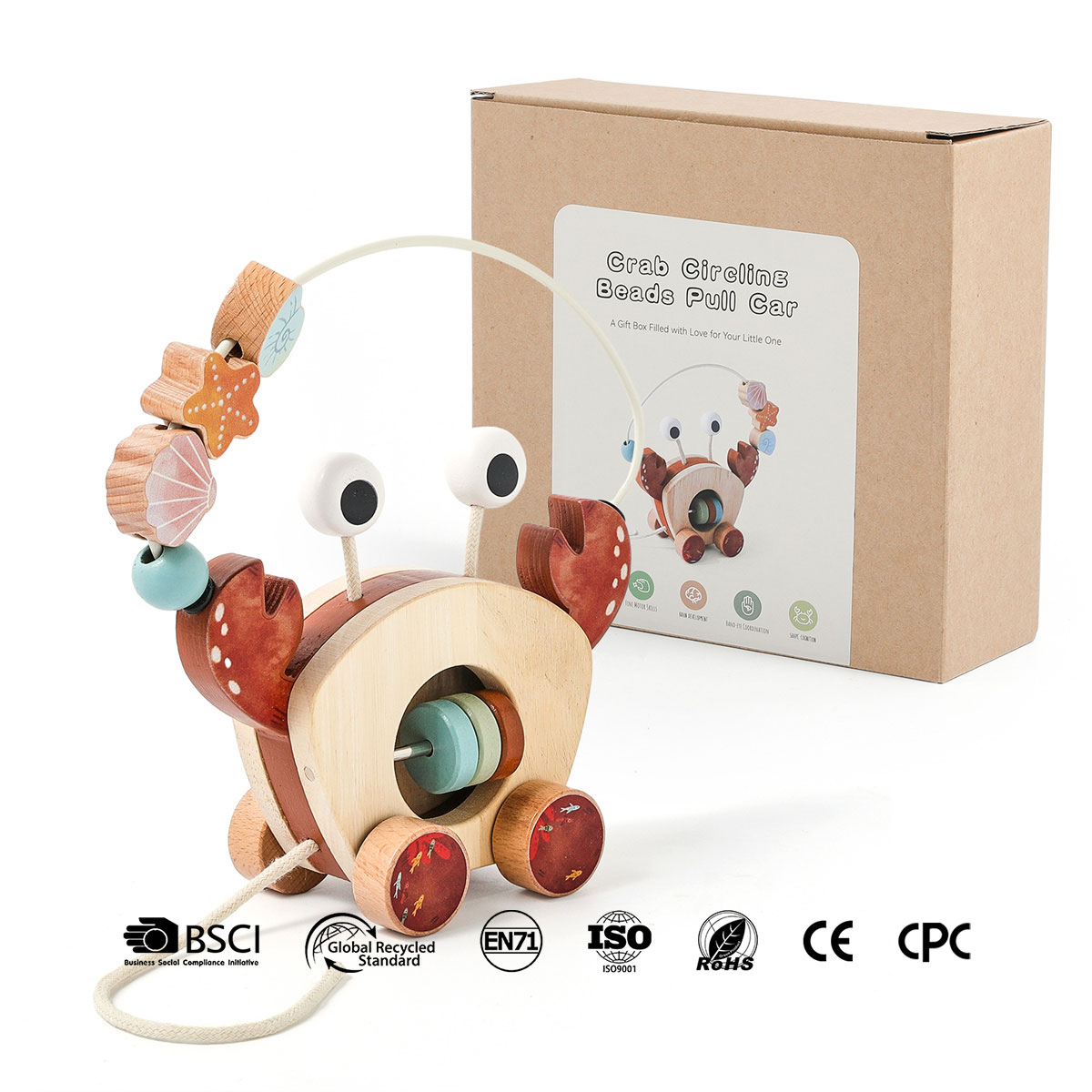 Crab Montessori Wooden Crab Pull Along Toy for Toddlers, Baby Bead Maze &amp; Rattle Educational Walking Toy Wooden Educational Toys