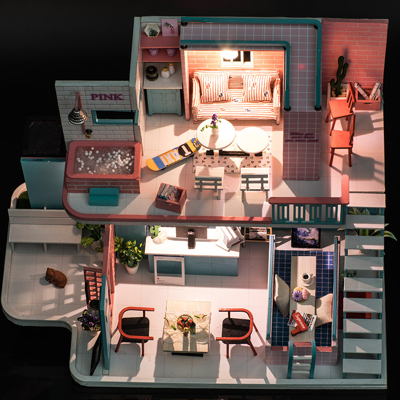 Wooden Doll House Toy for Kids Miniature Doll House Furnishings Pink Cafe