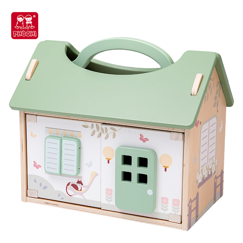 PHOOHI Kids Furniture Wooden Handheld Doll House, Wooden Two Story Villa Doll House Toy Set, with Mini Wooden Wood Unisex