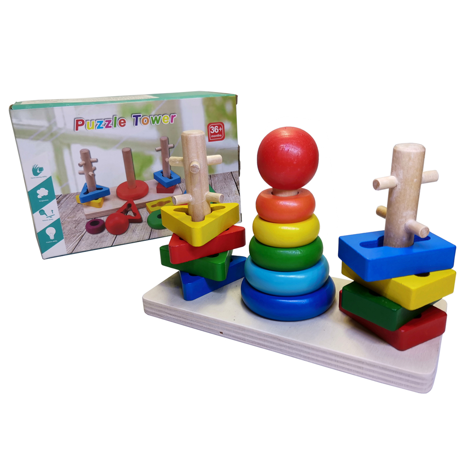 Children Toddler Educational Intelligence Game Baby Colored Wooden Rainbow Three Column Stacker Tower Ring Stacking Wood Toys